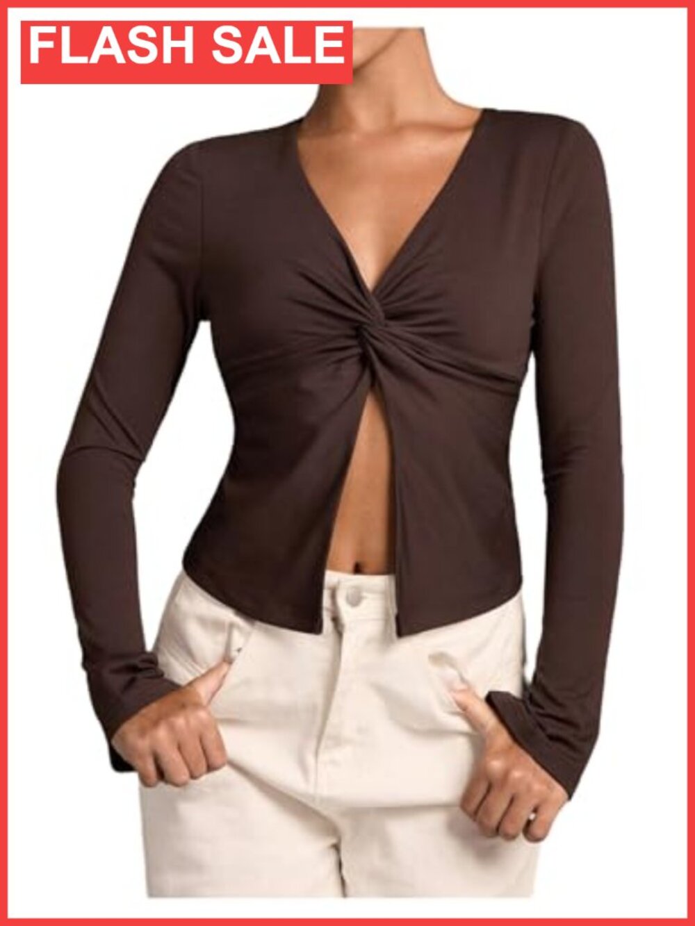 Twist Front Long Sleeve Crop Top V-Neck Slim Fit Split Hem